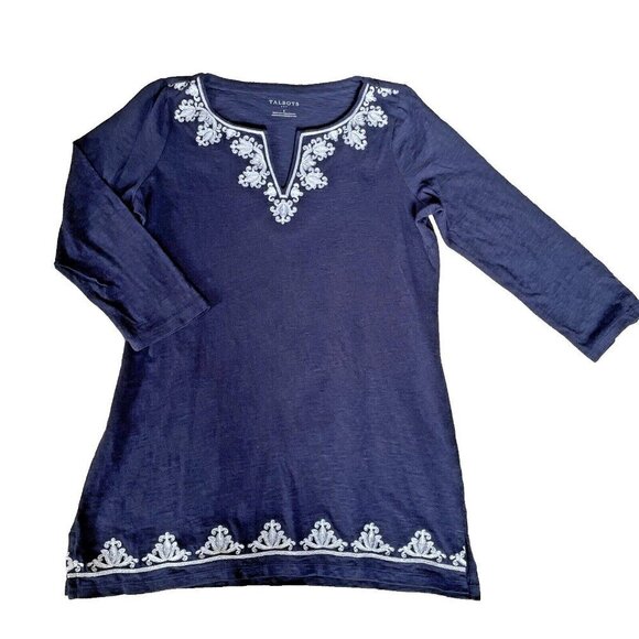 Talbots Tops - TALBOTS Women's V-Neck Cotton Tunic Size S Embroidered Trim Navy Lagenlook EUC!